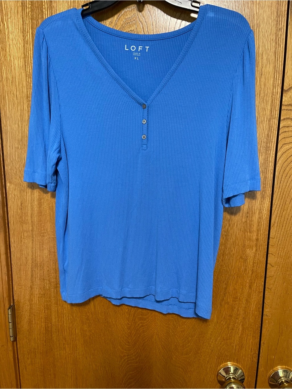 LOFT Women's Blue Ribbed V-Neck Henley Top
